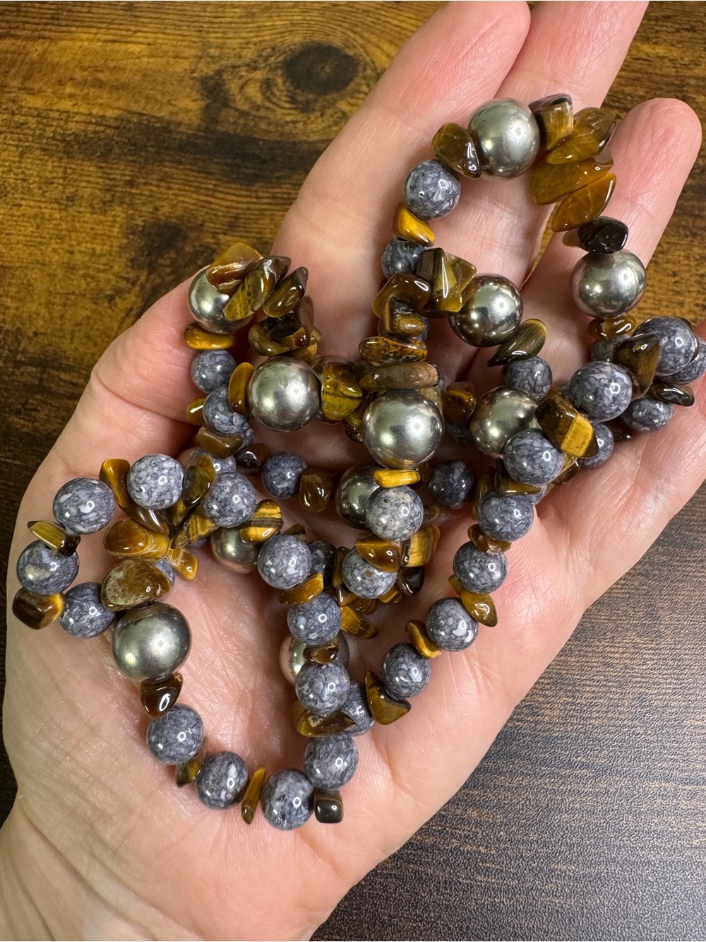 Hand Crafted Tiger’s Eye Chip & Stone Beaded Necklace